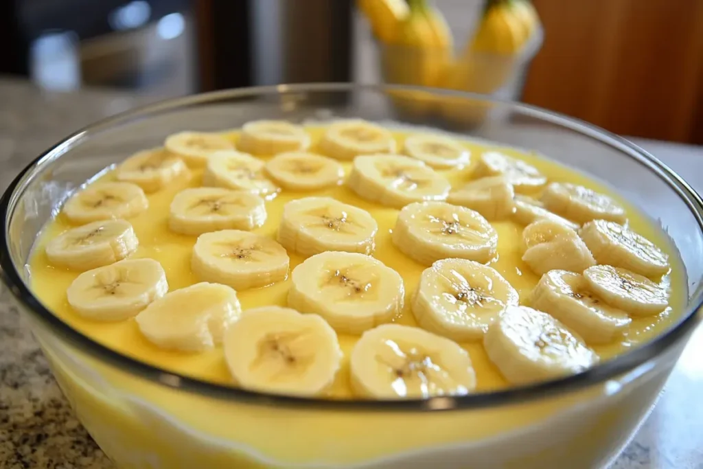 Fresh banana pudding with glossy banana slices on top
