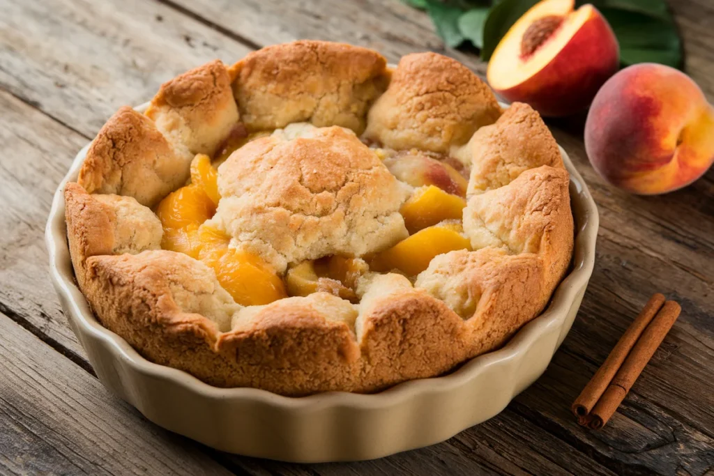 Freshly baked peach cobbler with a crisp, golden crust and juicy peach filling.