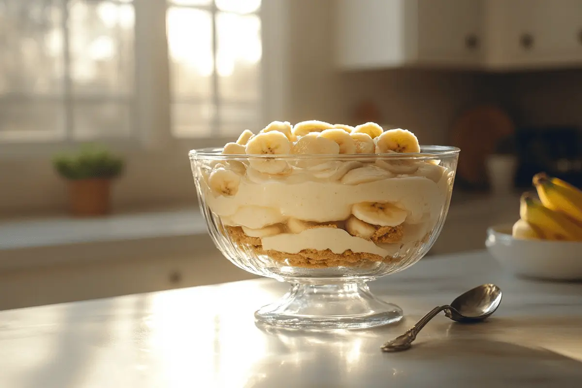 Creamy banana pudding with custard, banana slices, and vanilla wafers