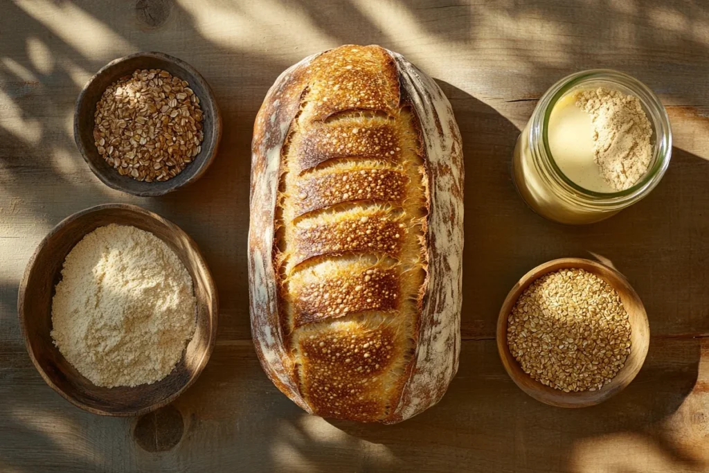 Golden crusted sourdough bread surrounded by bowls of different flours and a jar of sourdough starter.