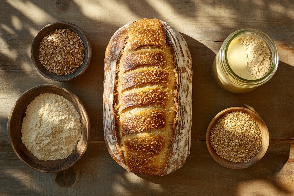 Golden crusted sourdough bread surrounded by bowls of different flours and a jar of sourdough starter.