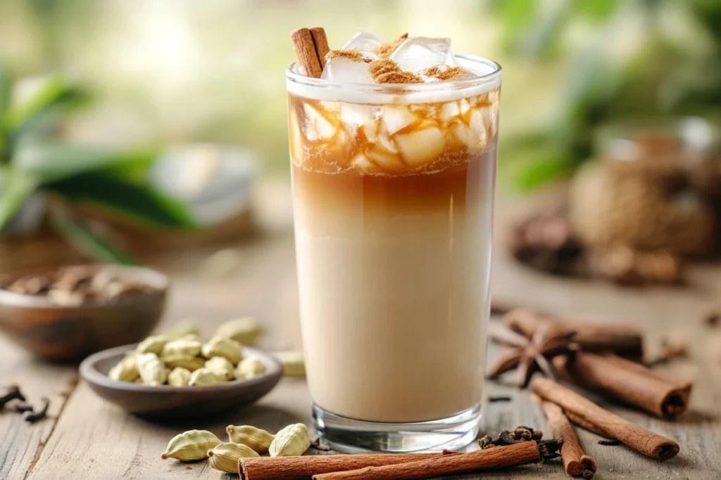 A tall glass of iced vanilla chai latte with ice cubes, milk, and surrounded by chai spices on a wooden table.