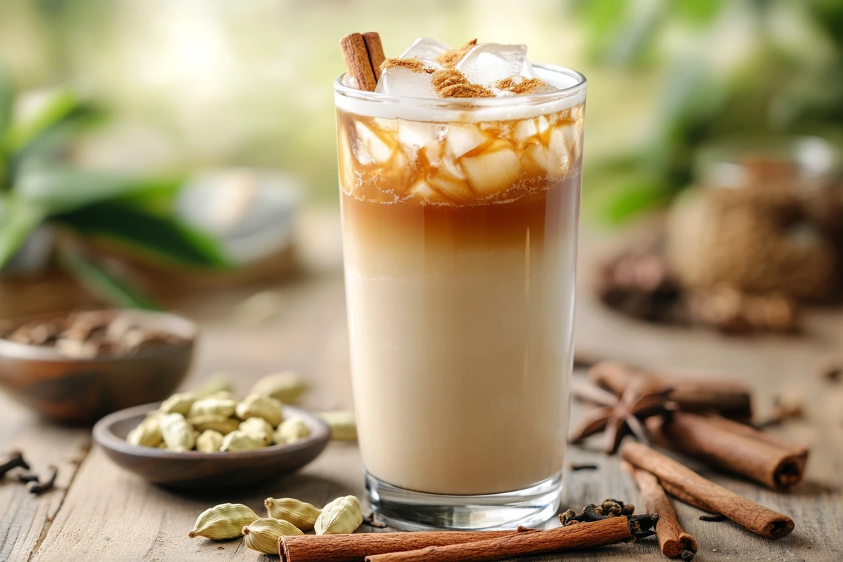 A tall glass of iced vanilla chai latte with ice cubes, milk, and surrounded by chai spices on a wooden table.