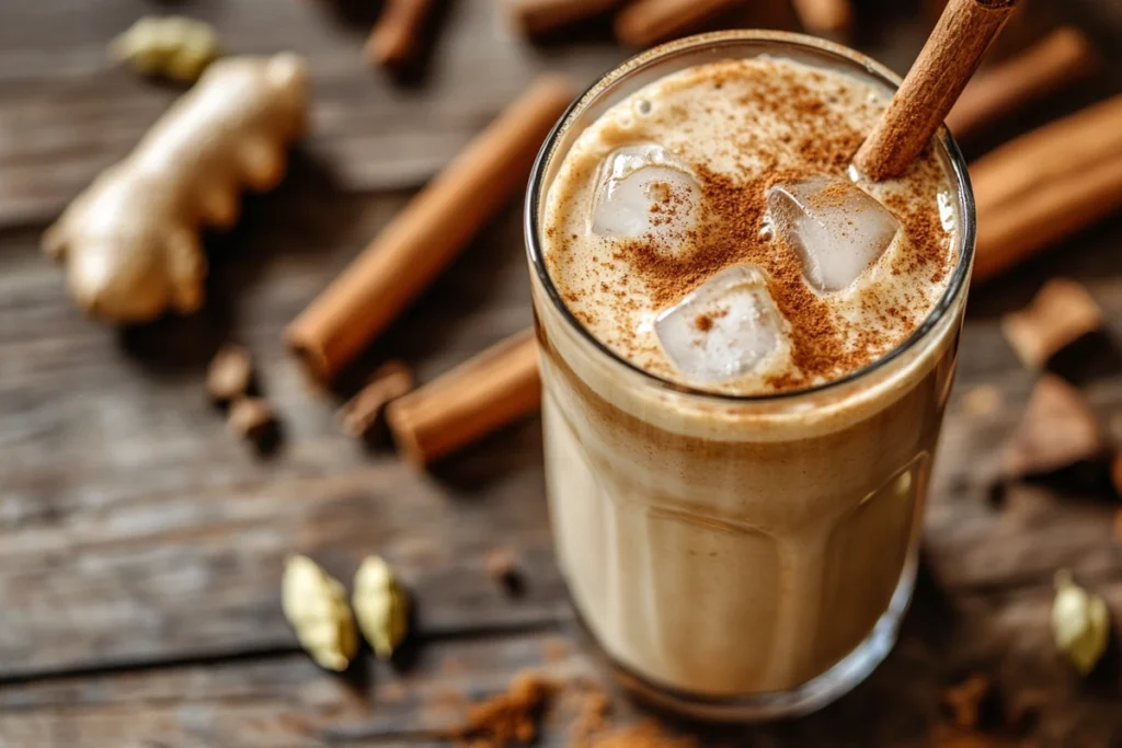 Iced chai latte in a glass with cinnamon and spices on a wooden table