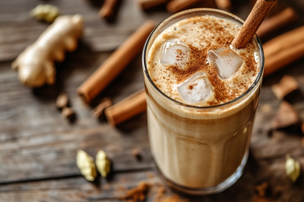 Iced chai latte in a glass with cinnamon and spices on a wooden table
